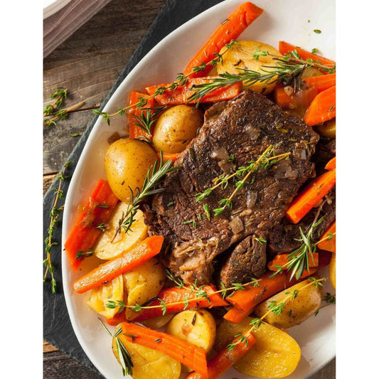 A savory dish of slow cooker beef and potatoes seasoned with our best roast seasoning.