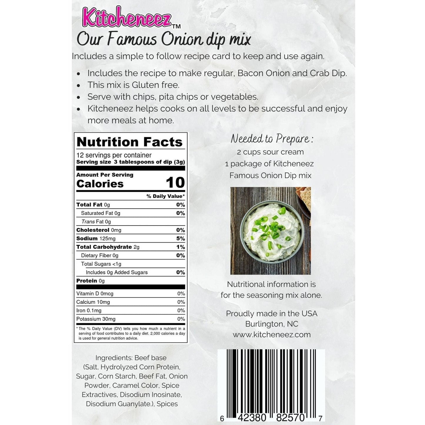 Our Famous Onion dip mix (with the recipes for Crab dip and Bacon Onion dip)