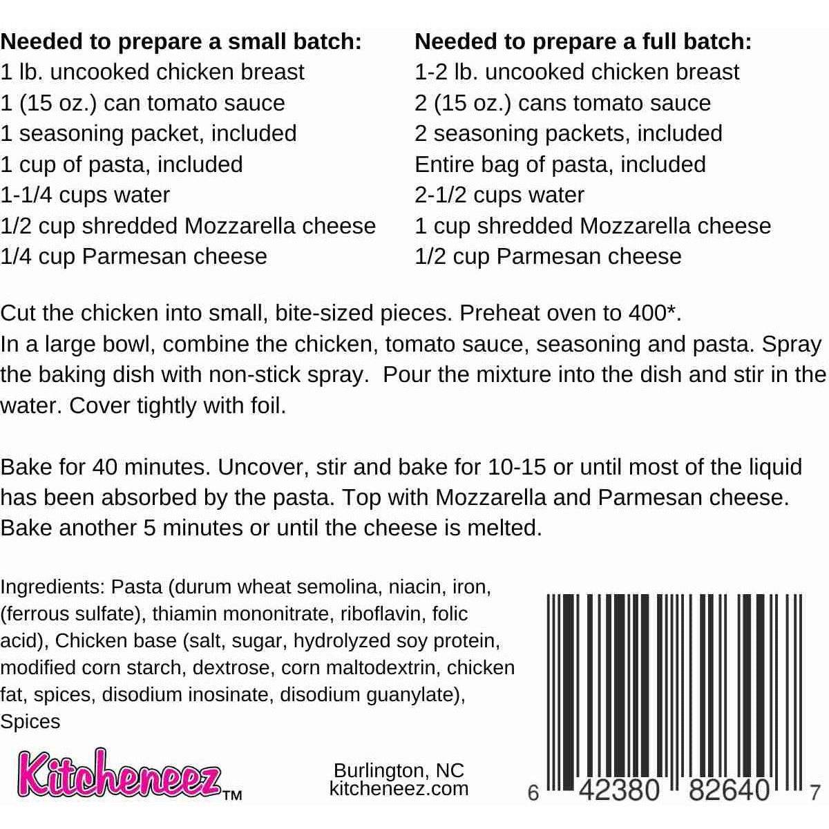 Chicken Parmesan Dump 'n Bake Meal with pasta included - Kitcheneez Mixes & More!