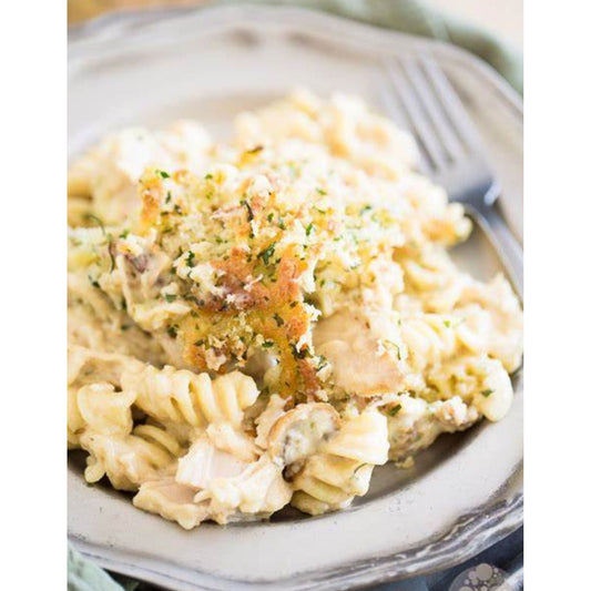 Bacon ranch chicken dump and bake dish with pasta. Flavorful and easy to make.