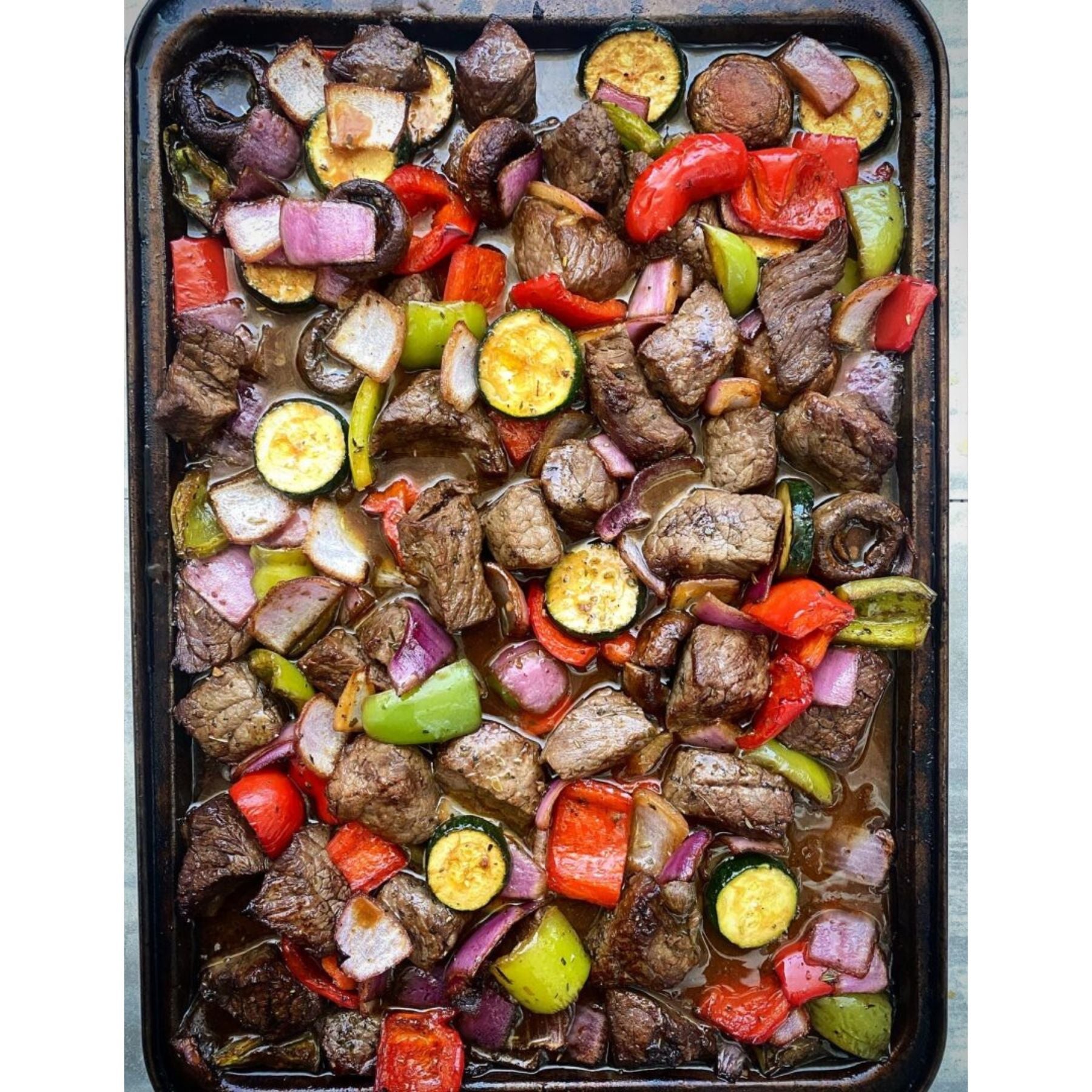 Beef unkabobs: no skewers needed. Beef chunks with colorful vegetables baked for incredible ease and flavor.