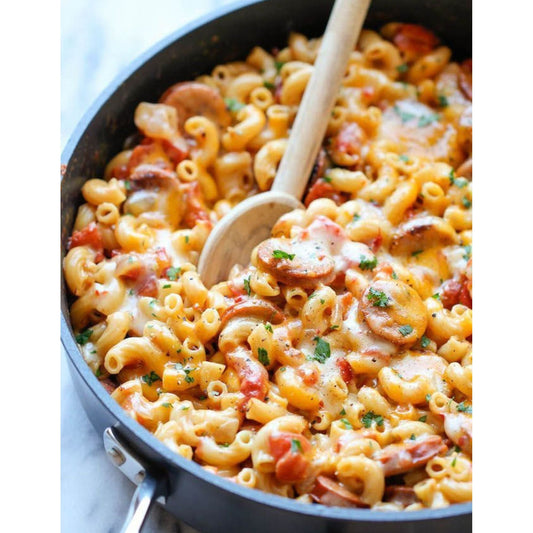 Cheesy Smoked Sausage Skillet Meal with pasta included - Kitcheneez Mixes & More!