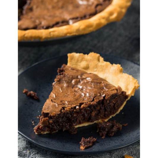 A delicious chocolate brownie pie. Fudgy on the inside with a crackled layer on top. Perfect for any holiday or gathering! Enough mix for 2 regular pies or 1 deep dish pie.