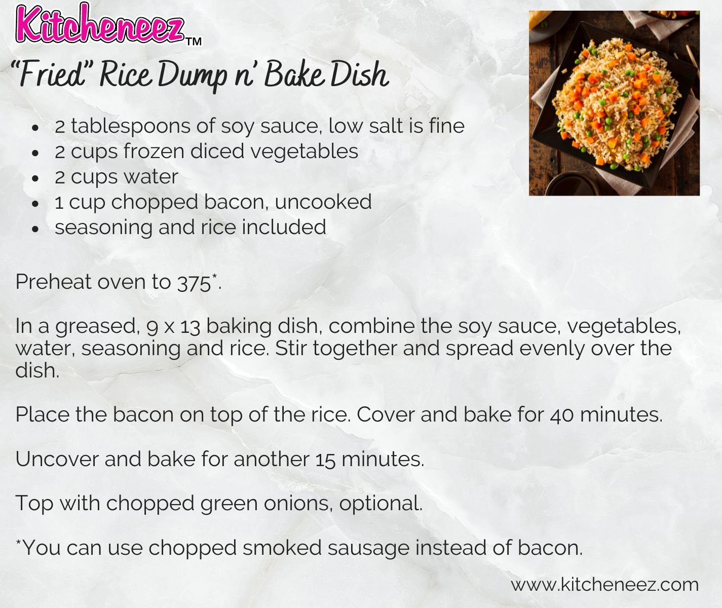 Dump n' Bake "Fried" Rice Meal Kit with Seasoning and Rice - Kitcheneez Mixes & More!