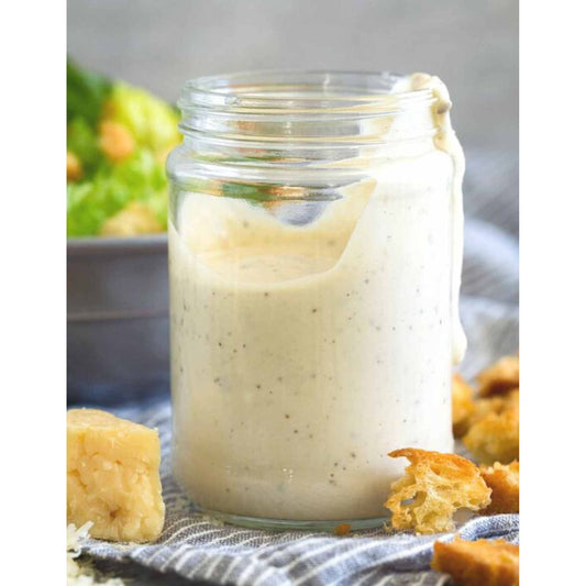 Versatile dressing jar with croutons, made with our House Dressing mix for creamy goodness.
