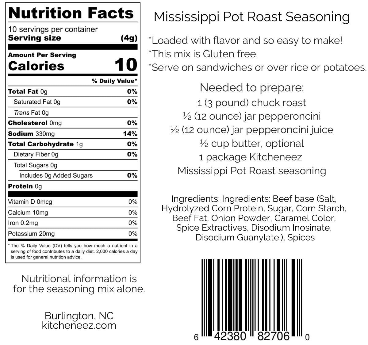 Mississippi Pot Roast Crockpot Spice Seasoning - Kitcheneez Mixes & More!