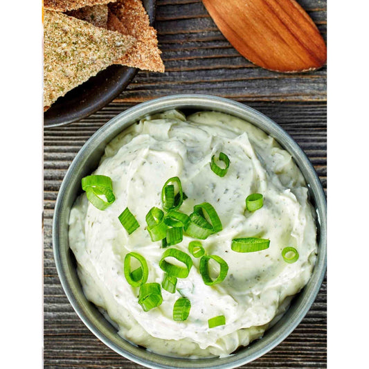 Dip with green onions and crackers - a savory onion dip served with crispy crackers, perfect for snacking or appetizers. Also comes with recipes to use as Crab dip and Bacon Onion dip.