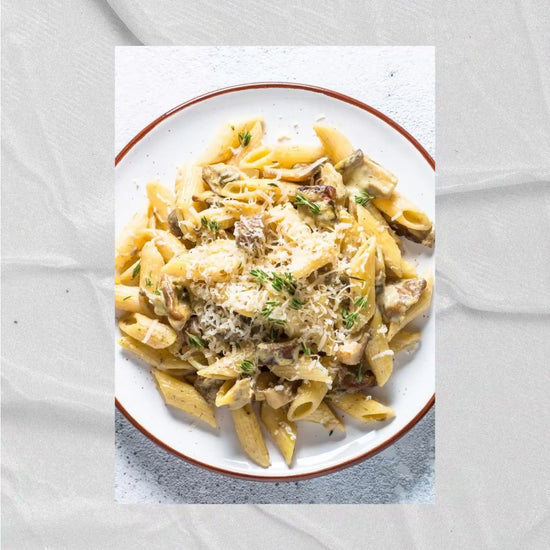 Plate of Beef Stroganoff with penne pasta