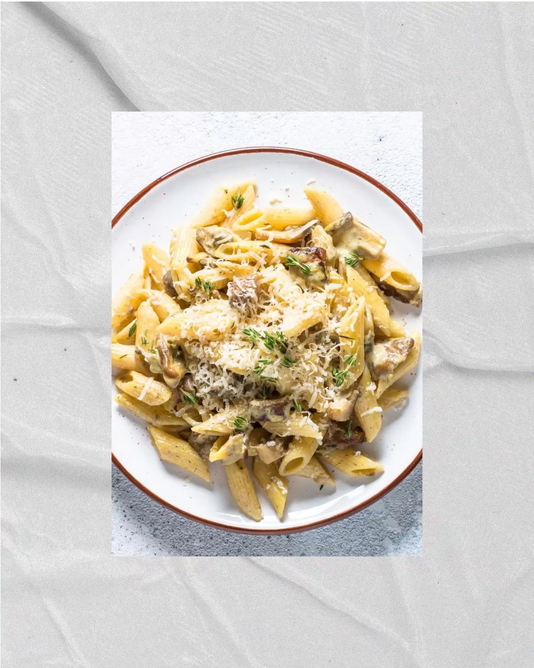 Plate of Beef Stroganoff with penne pasta