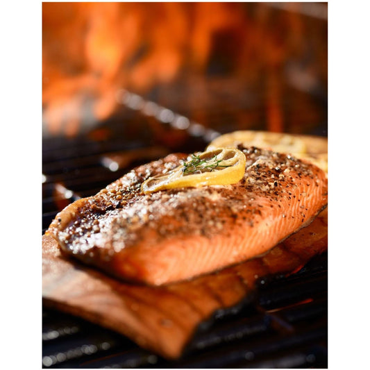 Grilled salmon on the grill seasoned with a flavorful blend of herbs and spices, perfect for enhancing the taste of seafood dishes.