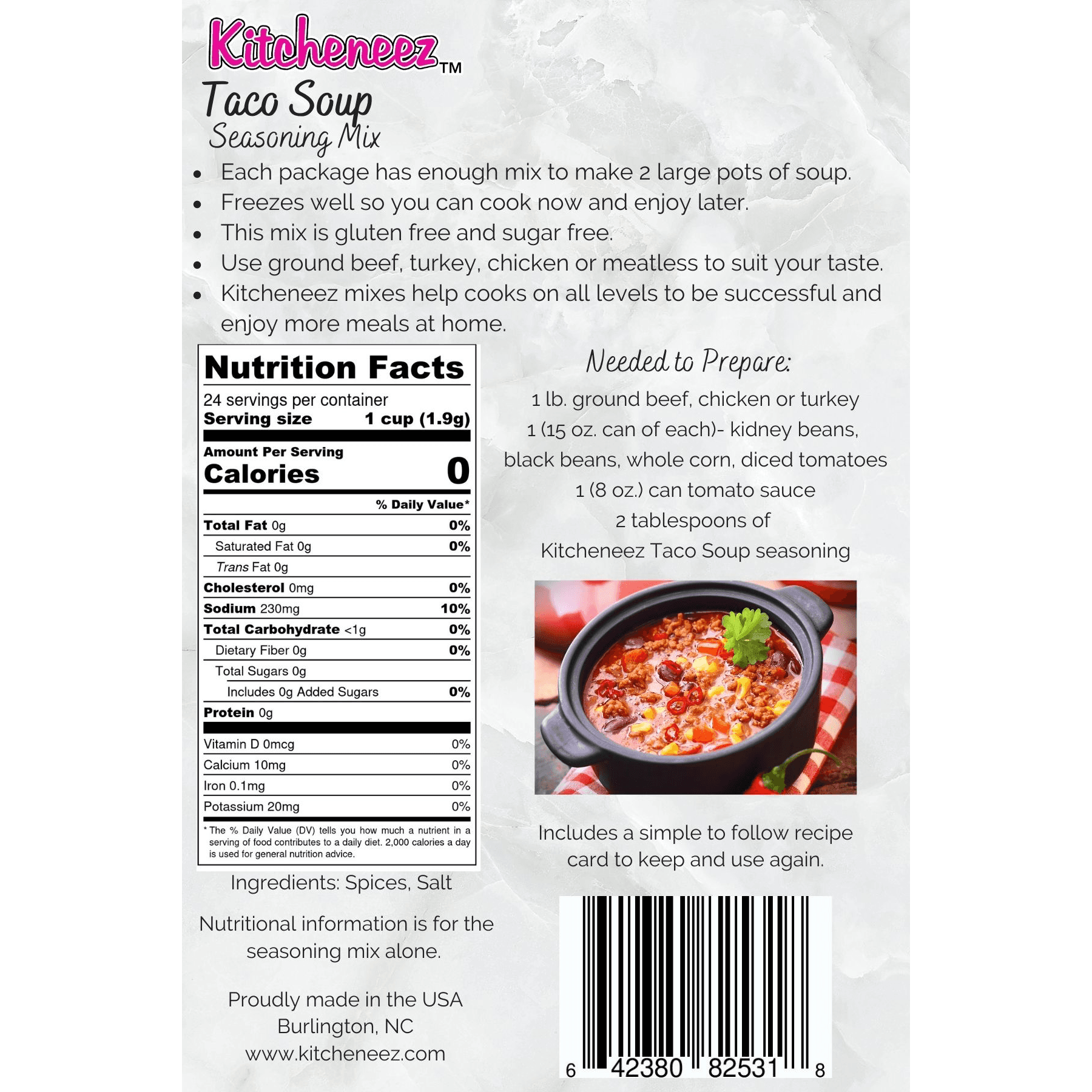 Kitcheneez Taco Soup Seasoning- A bowl of delicious taco soup. Top with shredded cheese and sour cream.