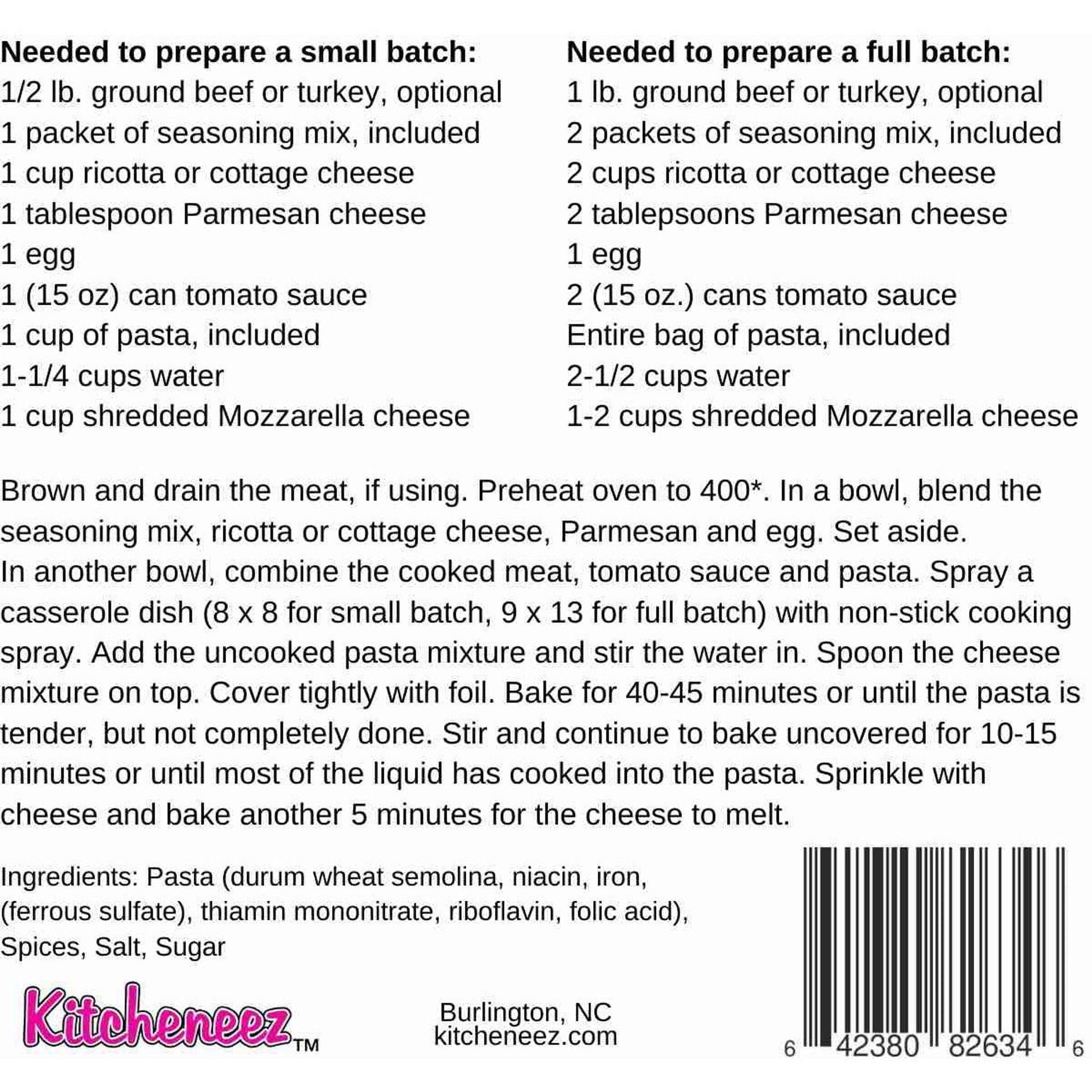 Baked Ziti Dump 'n Bake Meal with pasta included - Kitcheneez Mixes & More!