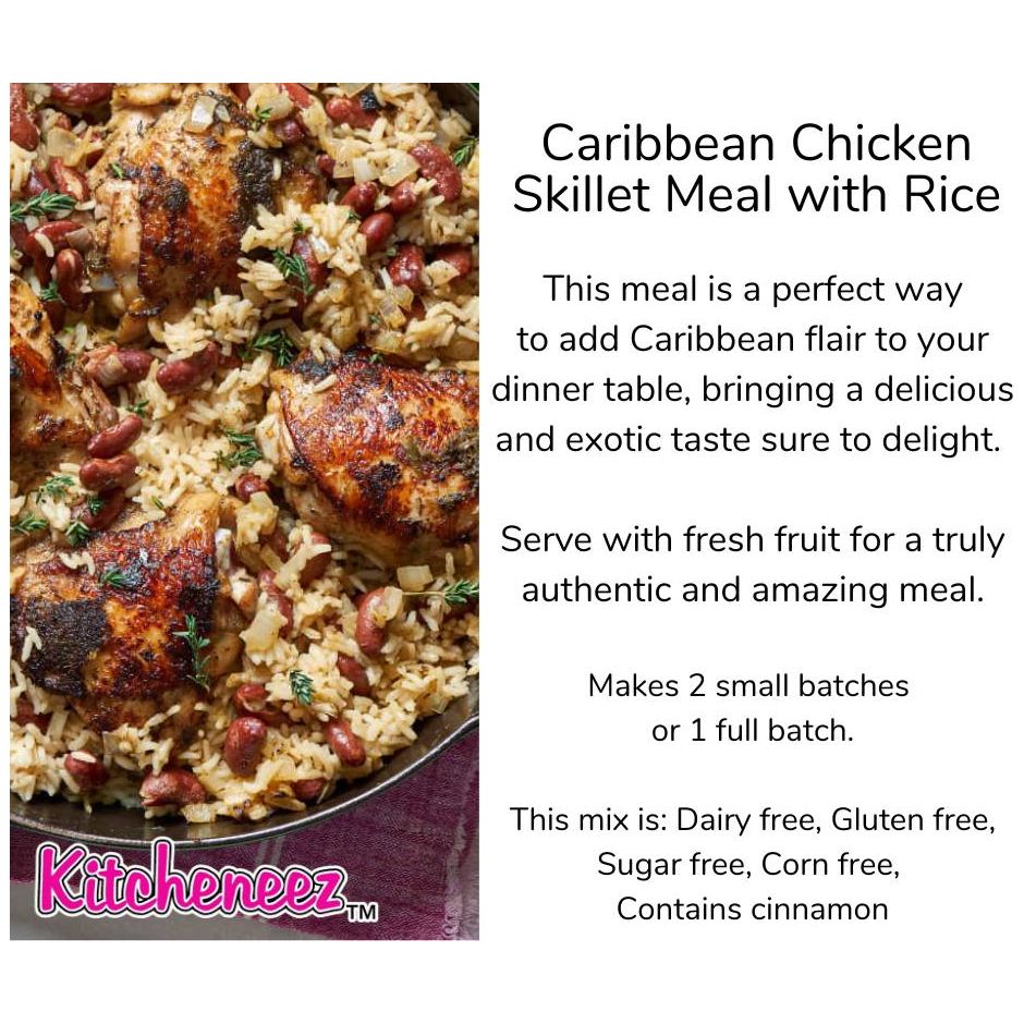 Caribbean Chicken Skillet Meal with seasoning and rice - Kitcheneez Mixes & More!